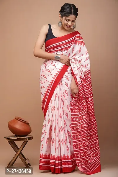 Stylish White Cotton Printed Saree with Blouse piece For Women