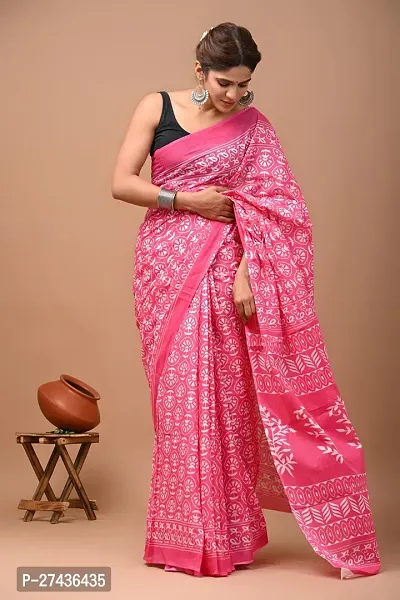 Stylish Pink Cotton Printed Saree with Blouse piece For Women-thumb0