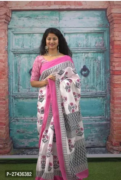 Stylish Pink Cotton Printed Saree with Blouse piece For Women