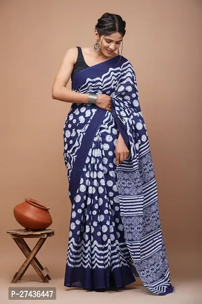 Stylish Blue Cotton Printed Saree with Blouse piece For Women