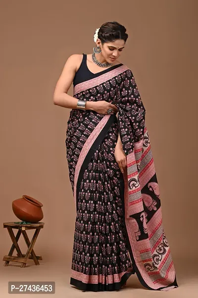 Stylish Black Cotton Printed Saree with Blouse piece For Women-thumb0
