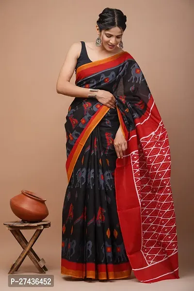 Stylish Black Cotton Printed Saree with Blouse piece For Women