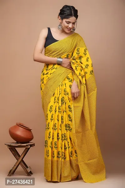 Stylish Yellow Cotton Printed Saree with Blouse piece For Women