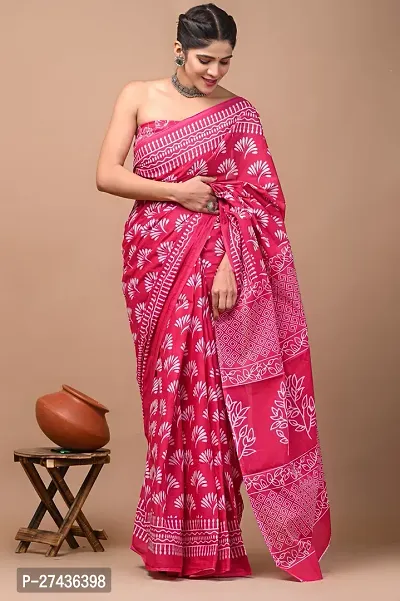 Stylish Pink Cotton Printed Saree with Blouse piece For Women-thumb0