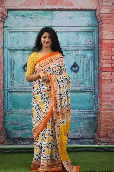 New Trendy Cotton Printed Ikat Sarees With Blouse Piece