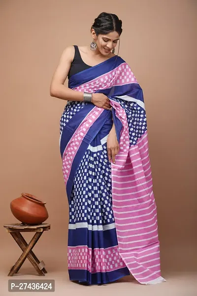 Stylish Blue Cotton Printed Saree with Blouse piece For Women