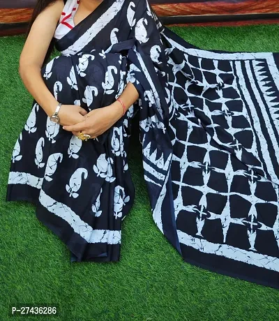 Stylish Black Cotton Printed Saree with Blouse piece For Women-thumb0