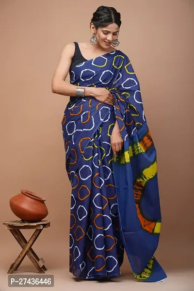 Stylish Blue Cotton Printed Saree with Blouse piece For Women