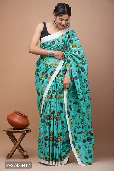 Stylish Green Cotton Printed Saree with Blouse piece For Women-thumb0