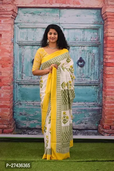 Stylish Yellow Cotton Printed Saree with Blouse piece For Women