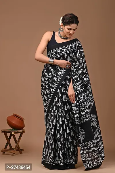 Stylish Black Cotton Printed Saree with Blouse piece For Women-thumb0