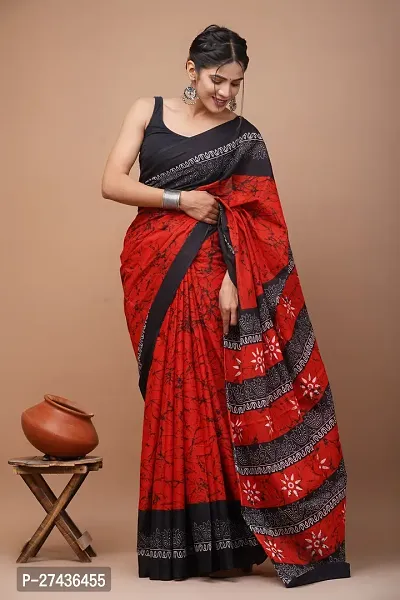 Stylish Red Cotton Printed Saree with Blouse piece For Women-thumb0