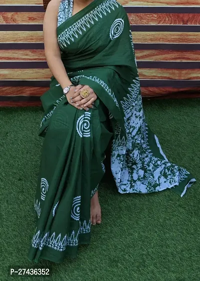 Stylish Green Cotton Printed Saree with Blouse piece For Women