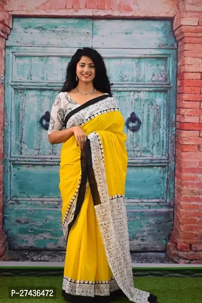 Stylish Yellow Cotton Printed Saree with Blouse piece For Women-thumb0