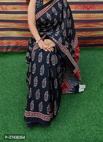 Stylish Black Cotton Printed Saree with Blouse piece For Women