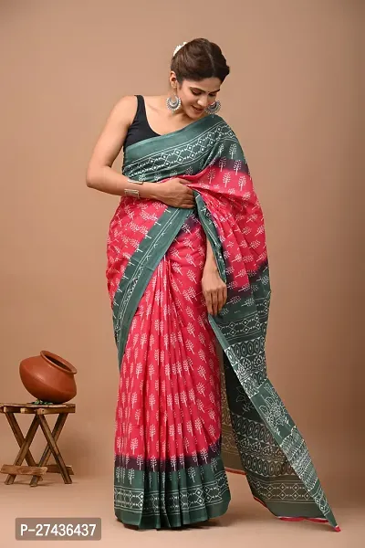 Stylish Red Cotton Printed Saree with Blouse piece For Women-thumb0