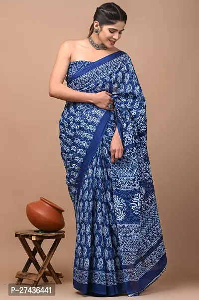 Stylish Blue Cotton Printed Saree with Blouse piece For Women-thumb0