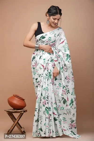 Stylish White Cotton Printed Saree with Blouse piece For Women-thumb0