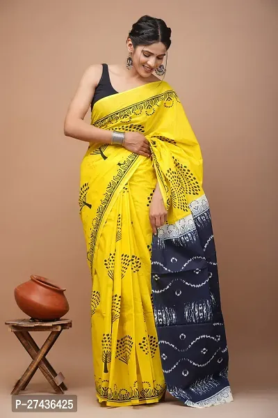 Stylish Yellow Cotton Printed Saree with Blouse piece For Women-thumb0