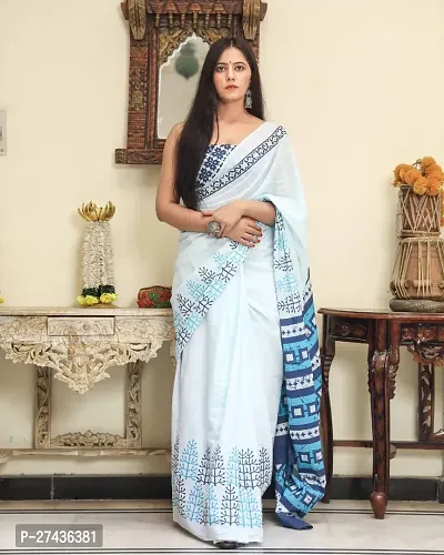 Stylish White Cotton Printed Saree with Blouse piece For Women-thumb0