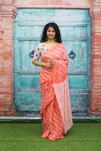 New Trendy Cotton Printed Ikat Saree with Blouse piece