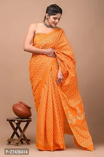 Stylish Orange Cotton Printed Saree with Blouse piece For Women