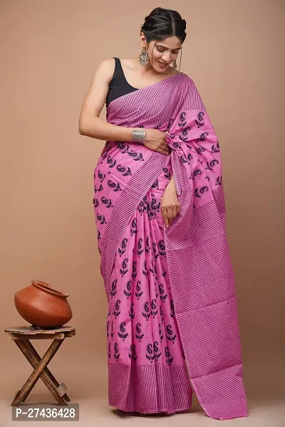 Stylish Pink Cotton Printed Saree with Blouse piece For Women