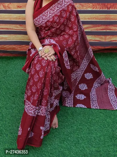 Stylish Maroon Cotton Printed Saree with Blouse piece For Women