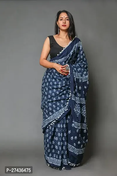 Stylish Blue Cotton Printed Saree with Blouse piece For Women-thumb0