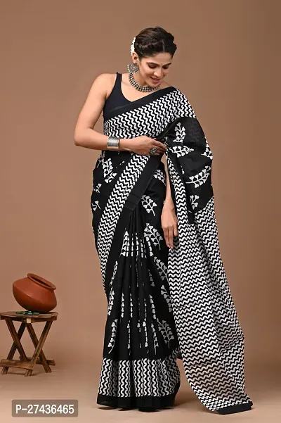 Stylish Black Cotton Printed Saree with Blouse piece For Women