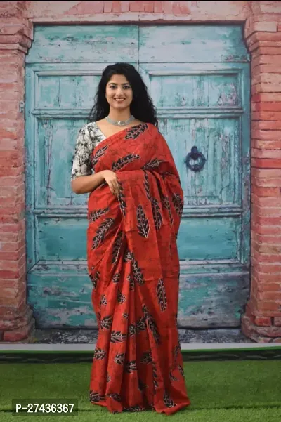 Stylish Red Cotton Printed Saree with Blouse piece For Women-thumb0