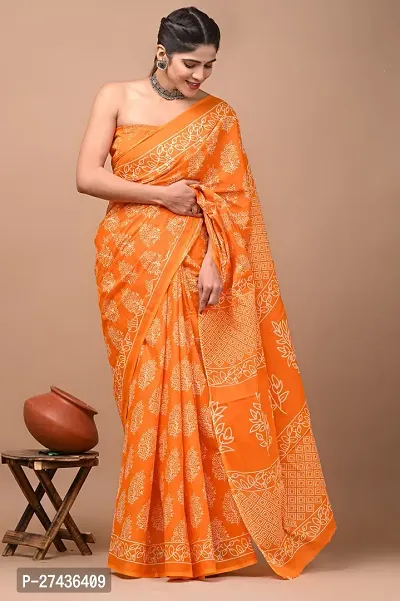 Stylish Orange Cotton Printed Saree with Blouse piece For Women-thumb0