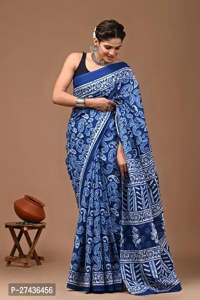 Stylish Blue Cotton Printed Saree with Blouse piece For Women