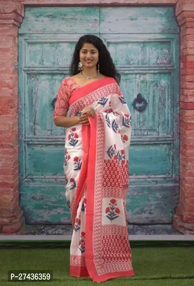 Stylish Multicoloured Cotton Printed Saree with Blouse piece For Women-thumb0
