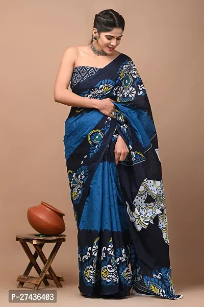 Stylish Blue Cotton Printed Saree with Blouse piece For Women-thumb0