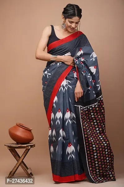 Stylish Grey Cotton Printed Saree with Blouse piece For Women