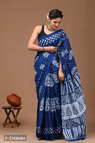 Stylish Blue Cotton Printed Saree with Blouse piece For Women