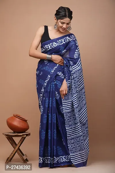 Stylish Blue Cotton Printed Saree with Blouse piece For Women-thumb0