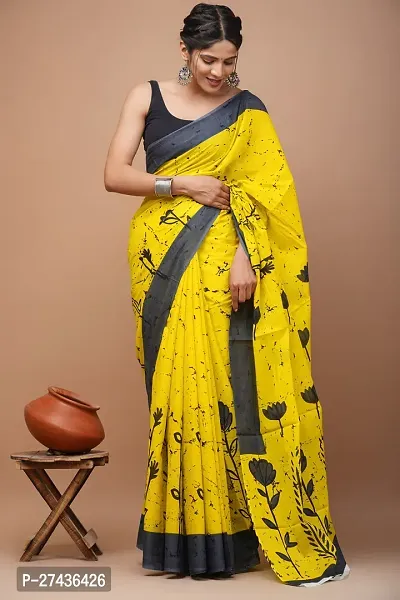 Stylish Yellow Cotton Printed Saree with Blouse piece For Women