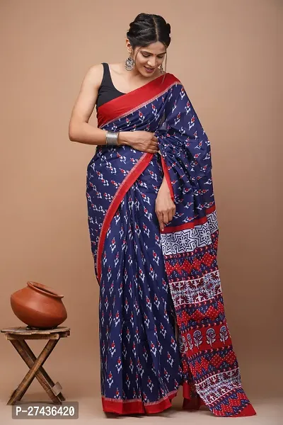 Stylish Blue Cotton Printed Saree with Blouse piece For Women-thumb0