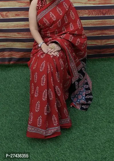 Stylish Red Cotton Printed Saree with Blouse piece For Women