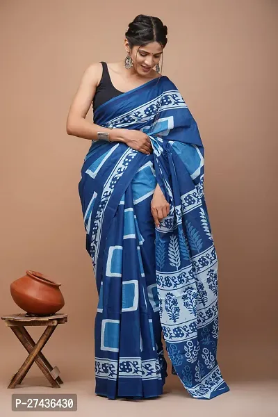 Stylish Blue Cotton Printed Saree with Blouse piece For Women-thumb0