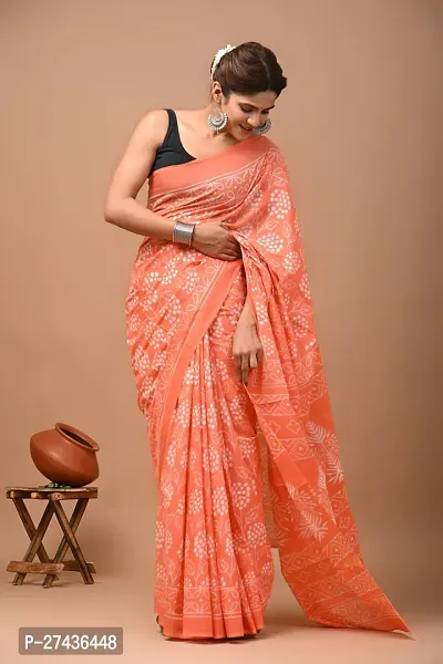 Stylish Orange Cotton Printed Saree with Blouse piece For Women