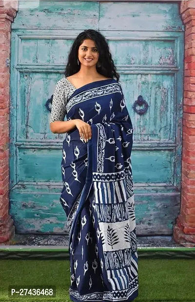 Stylish Blue Cotton Printed Saree with Blouse piece For Women-thumb0