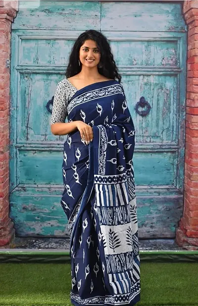 Elegant Cotton Printed Ikat Sarees With Blouse Piece