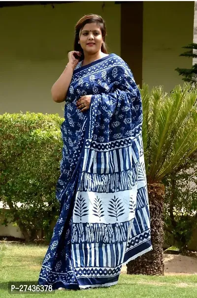 Stylish Blue Cotton Printed Saree with Blouse piece For Women-thumb0