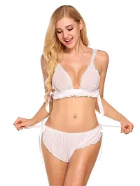 Psychovest Women's Sexy Floral Self tie Bra and Panty Lingerie Set Free Size (White)-thumb1
