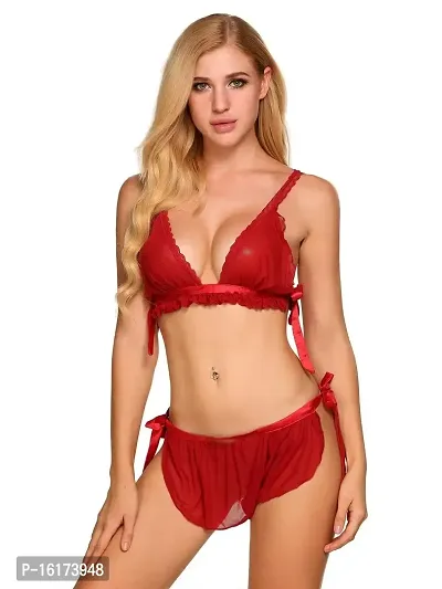 Psychovest Women's Sexy Floral Self tie Bra and Panty Lingerie Set Free Size (Red)