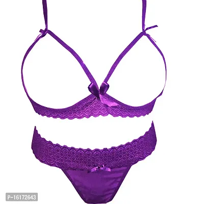 Psychovest Women's Sexy Lace Front Open Back Tail Bra and Panty Lingerie Set Free (Purple)
