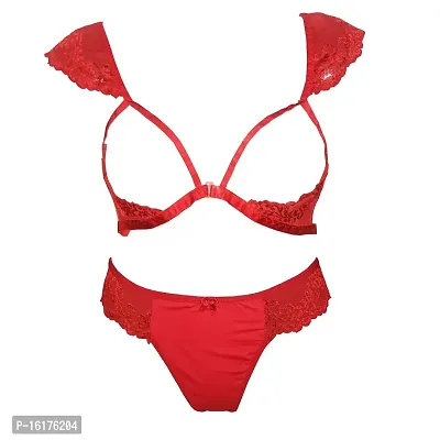 Psychovest Women's Sexy Lace Front Open Half Shoulder Bra and Panty Lingerie Set Free Size (Red)-thumb0